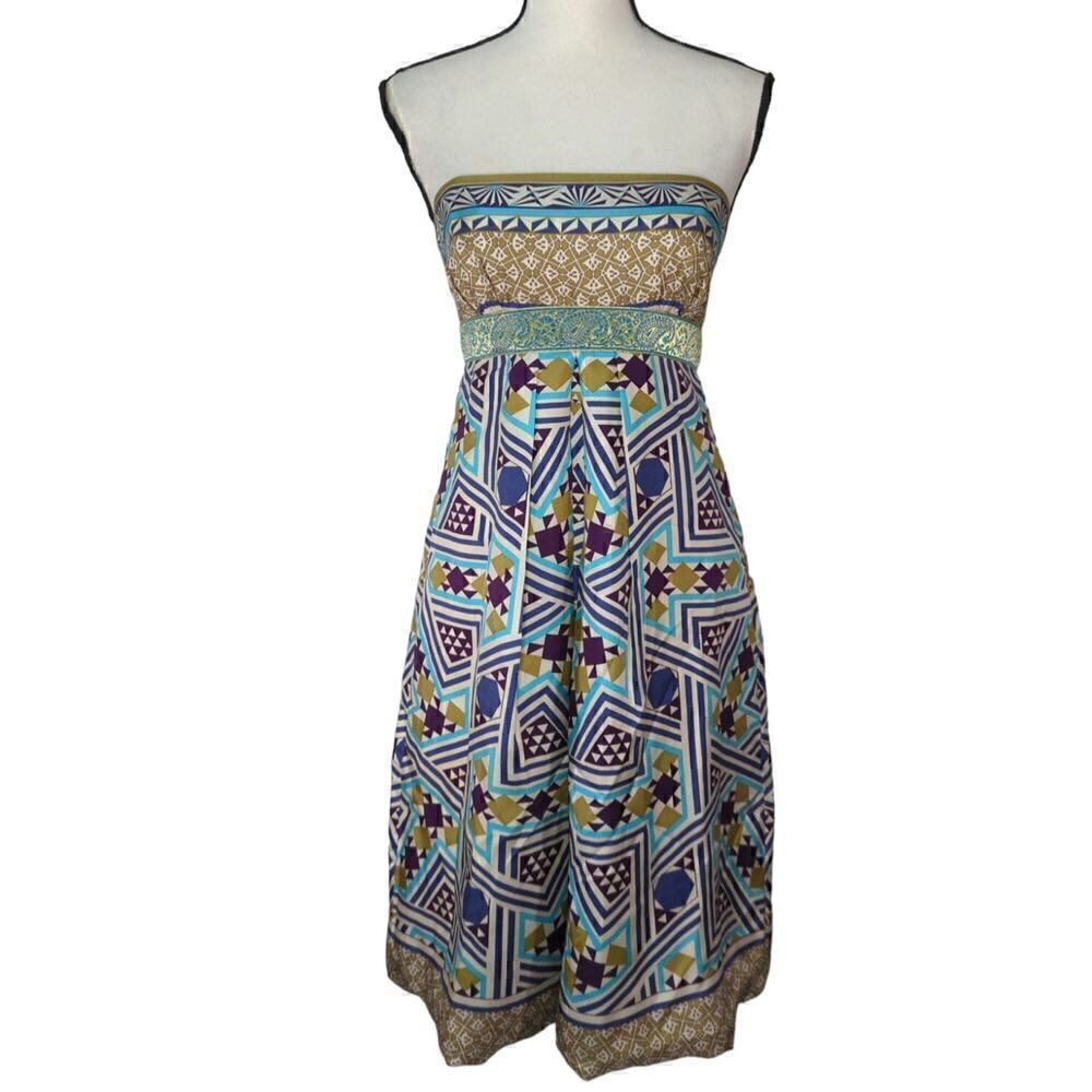Nicole Miller Collection Abstract Print 100% Silk Strapless Dress Size 4‎